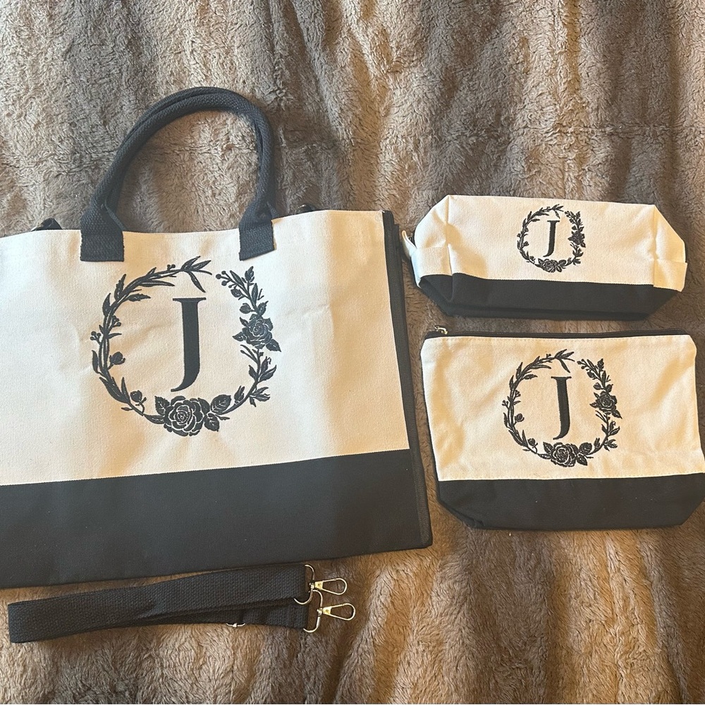 Monogram 'J' Canvas Tote and Pouch Set in Black and Cream